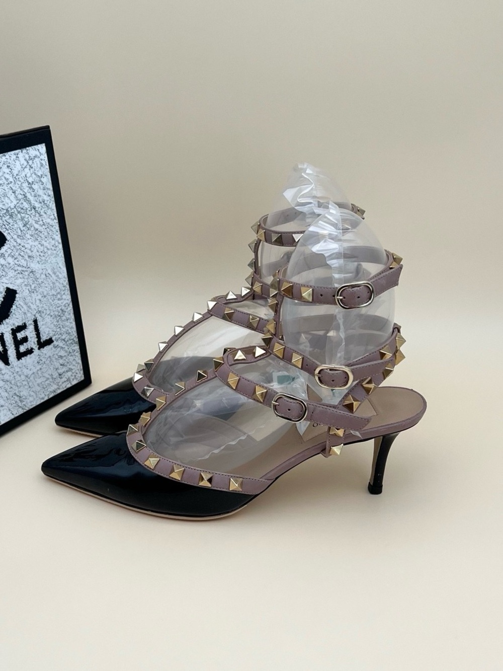 Valentino Garavani Black Patent and Taupe Studded Pointed-Toe Ankle-Strap Heels